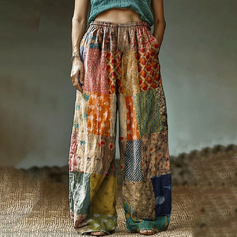 Vintage Color Block Patchwork Linen Blend Casual Pants
