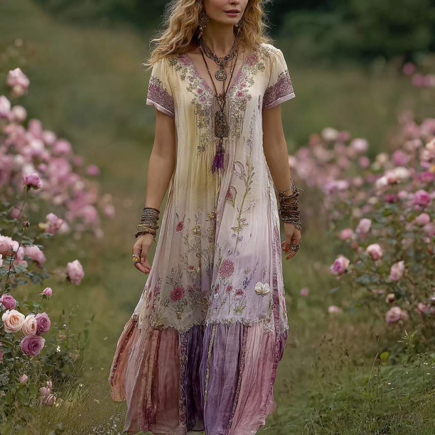 Classy Gradient Purple Lavender And Floral Printed Short Sleeve Maxi Dress