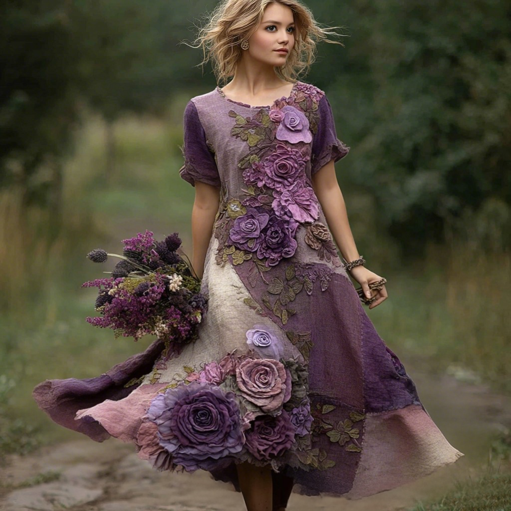 Classy Purple Patchwork And Floral Embroidered Art Linen Maxi Dress