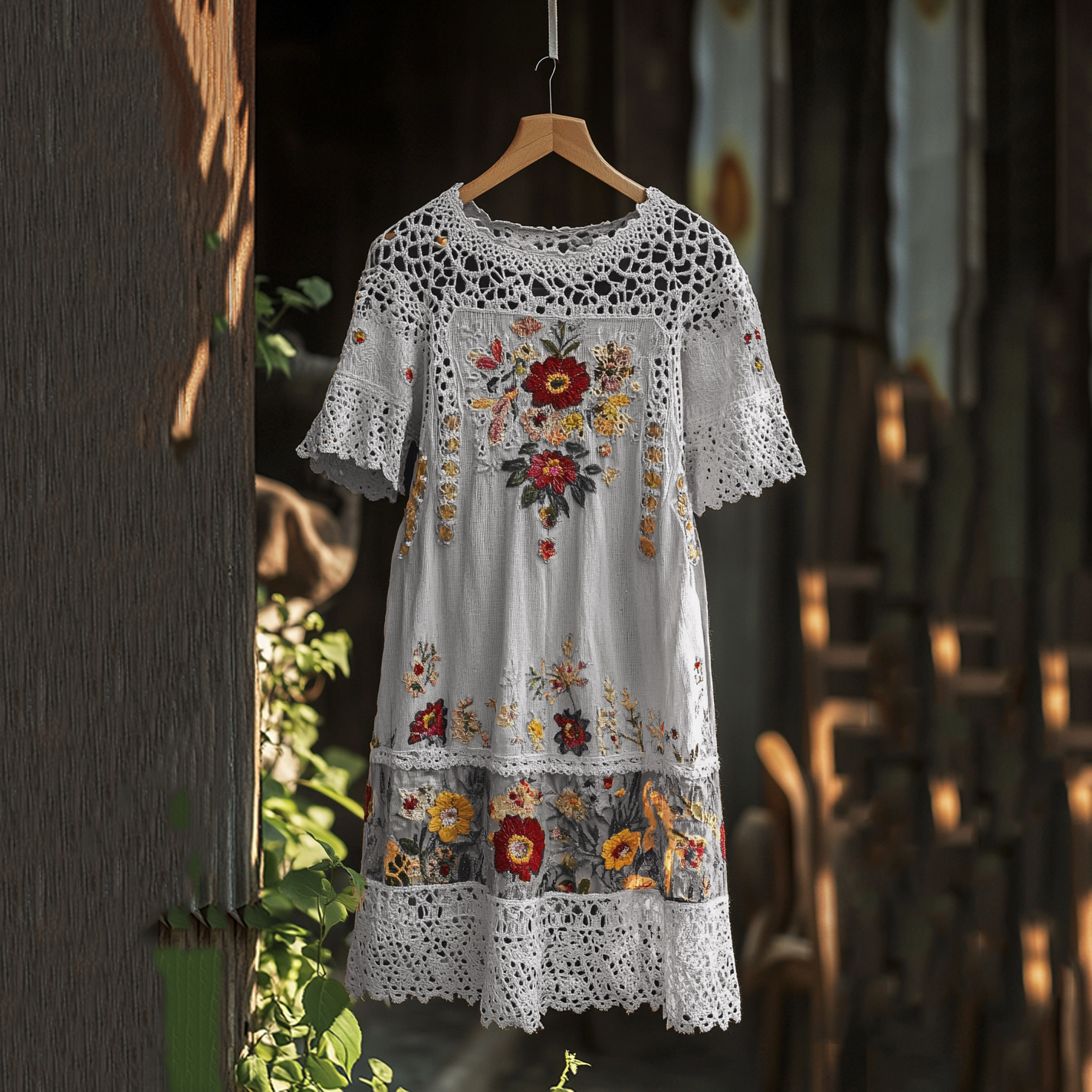 Women's Embroidered Floral Lace Round Neck Midi Dress