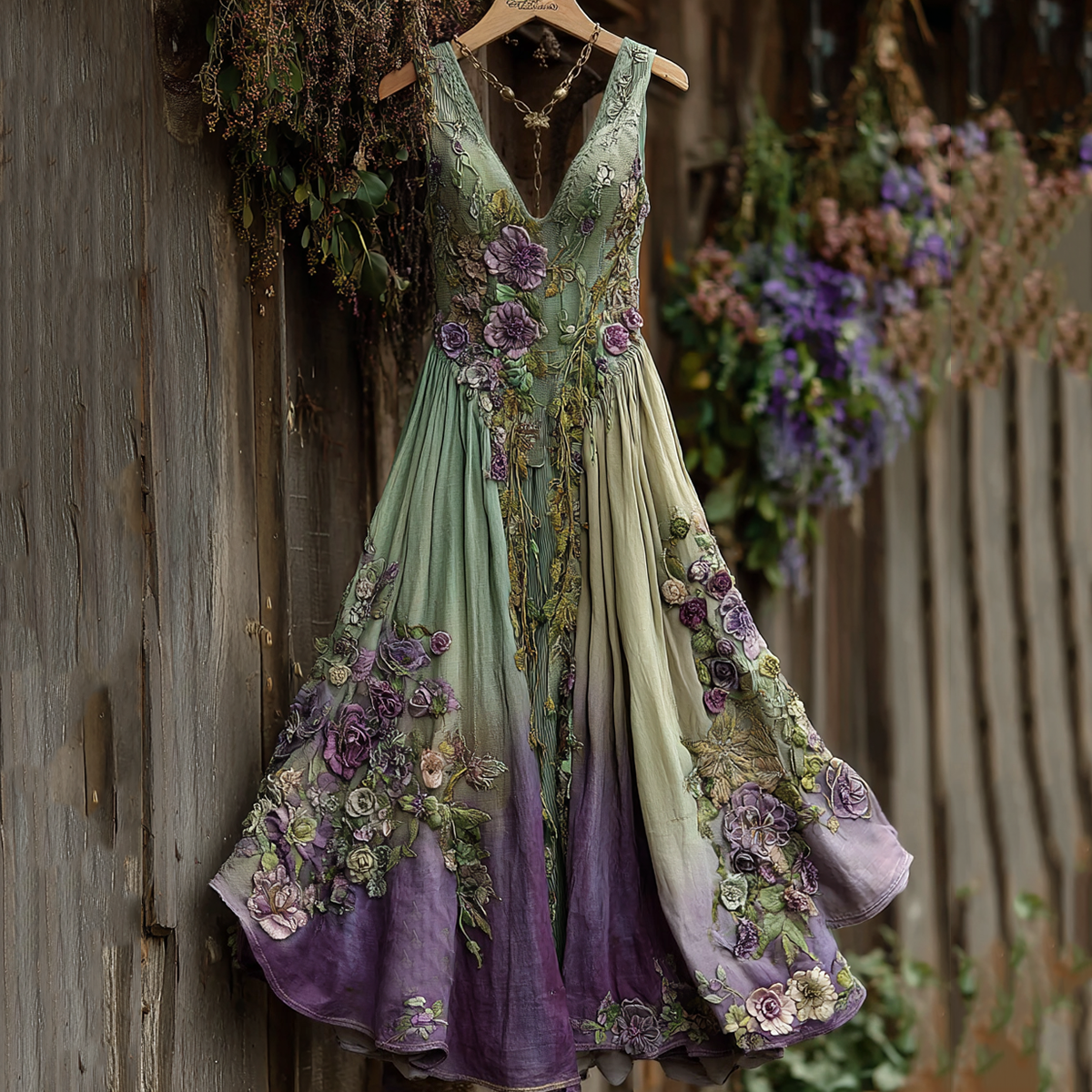 Vintage Classy Gradient Purple Lavender And Floral Embroidered Linen V Neck Maxi Dress