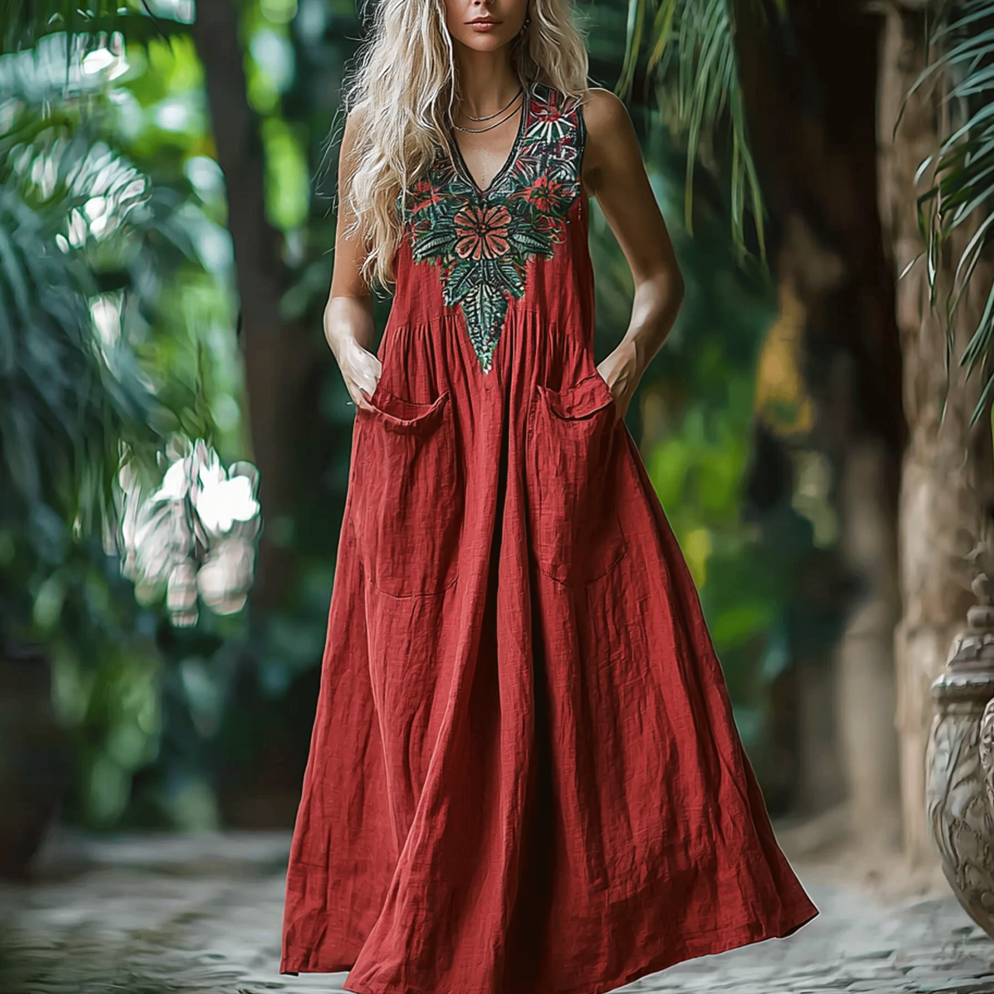 Women's Elegant Ethnic Floral Sleeveless Linen Maxi Dress