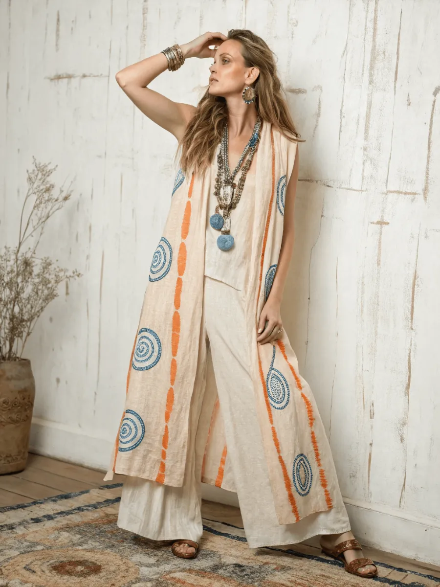 Women's cotton and linen long vest suit