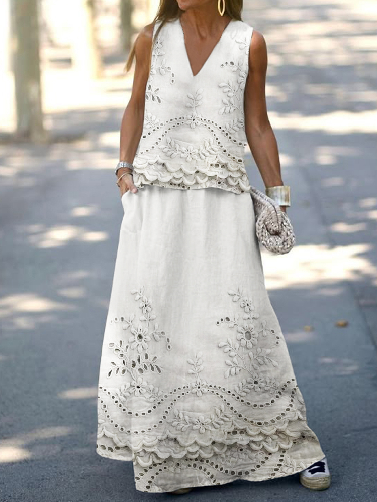 Cottage Floral Embroidered Lace Linen Blend Tank Top & Skirt Set