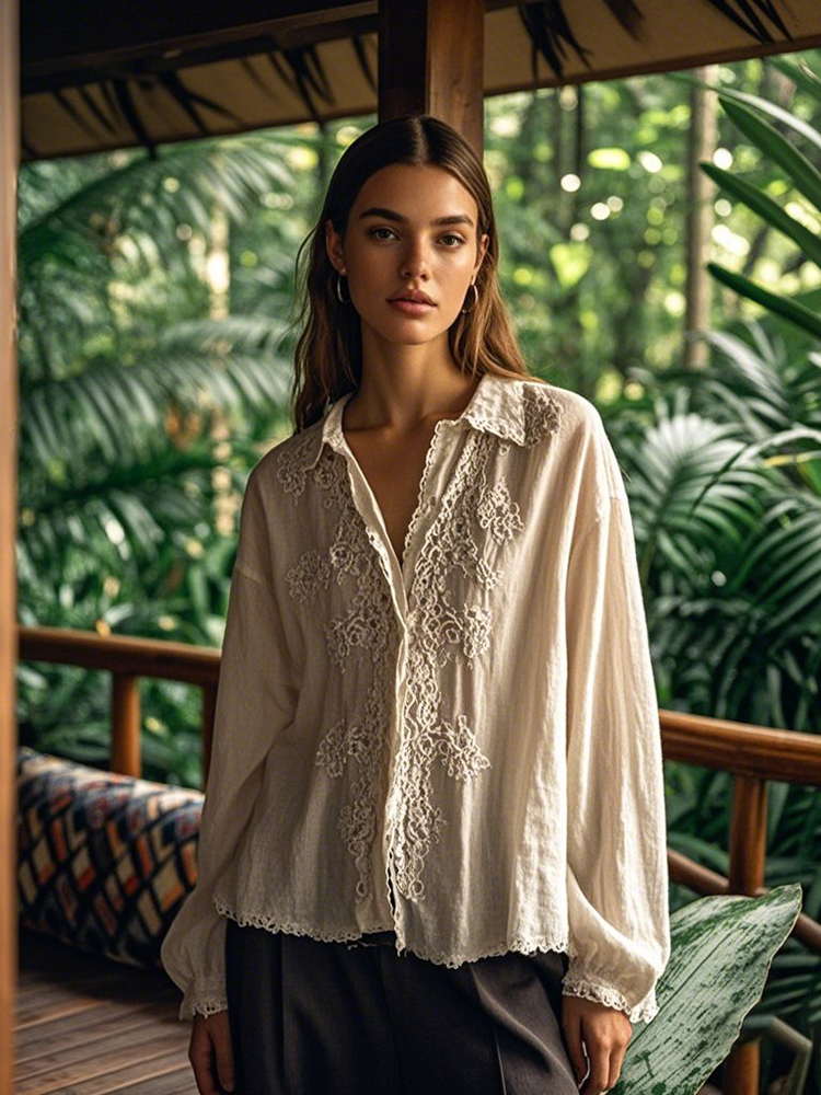 Women's Lovely Floral Lace Embroidery Art Long Sleeve Shirt