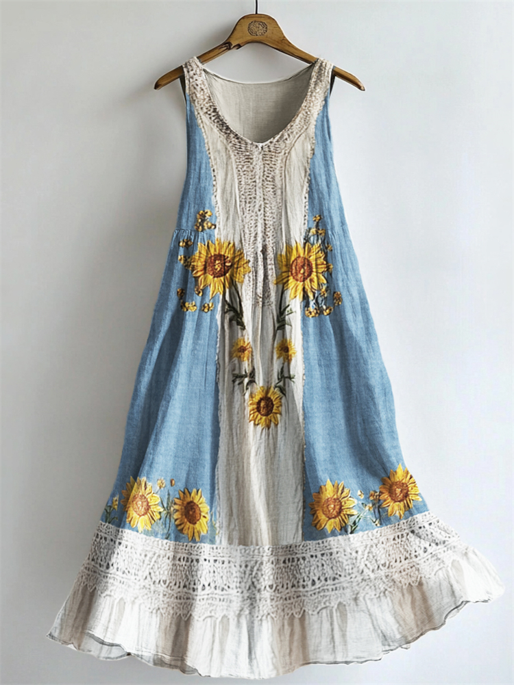 Boho Sunflowers Embroidered Lace Patchwork Flowy Linen Dress