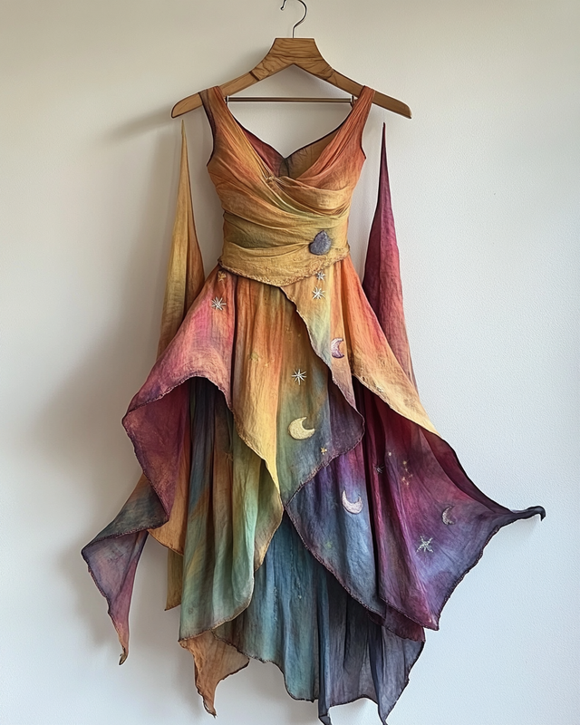 Handmade color block gradient rainbow irregular stars and moon dress