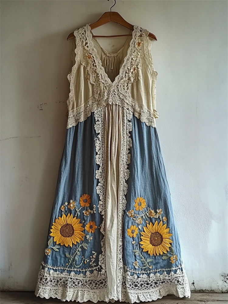 Boho Sunflowers Embroidered Lace Hem Linen Dress