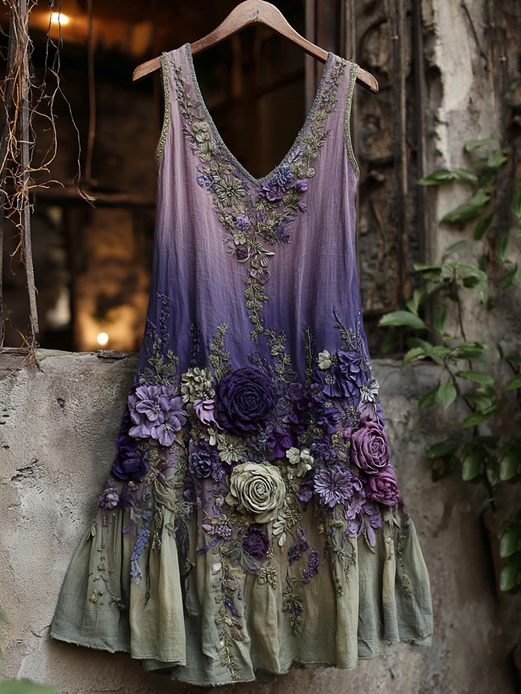 Vintage Classy Gradient Purple Lavender And Floral Embroidered Linen Maxi Dress