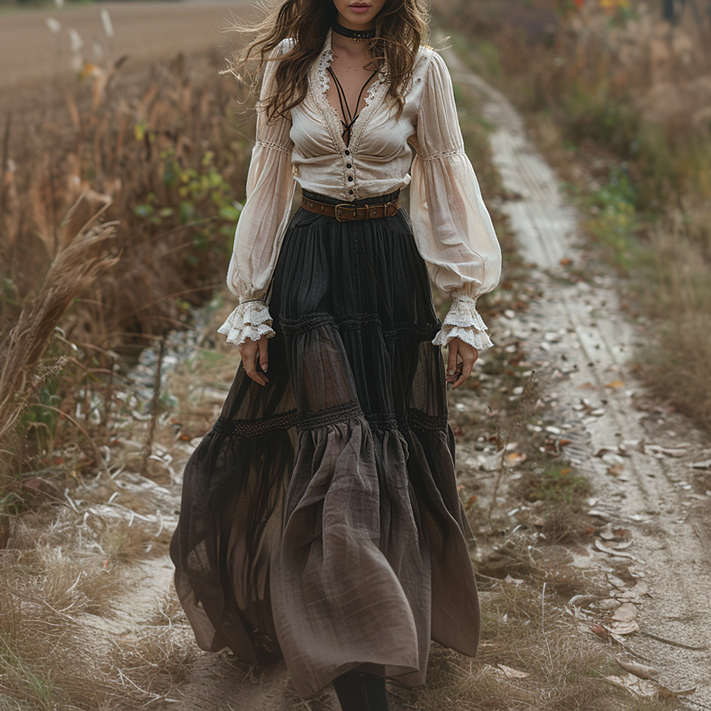 Women's Vintage V-neck Linen Long-sleeve Maxi Long Dress