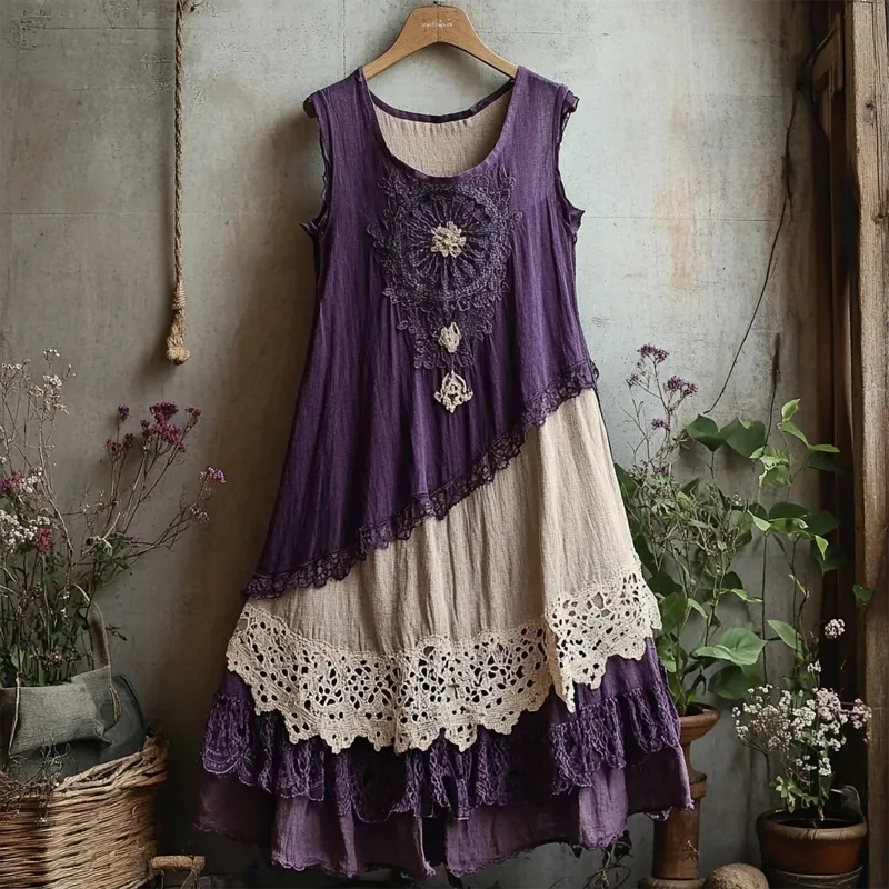 Retro Lace Patchwork Comfy Linen Tank Dress