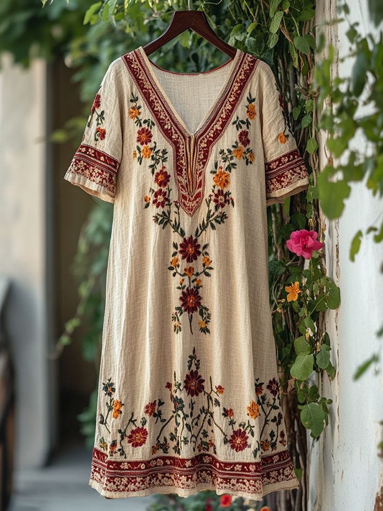 Women's Vintage Embroidered Flower V-neck Linen Blend Midi Dress
