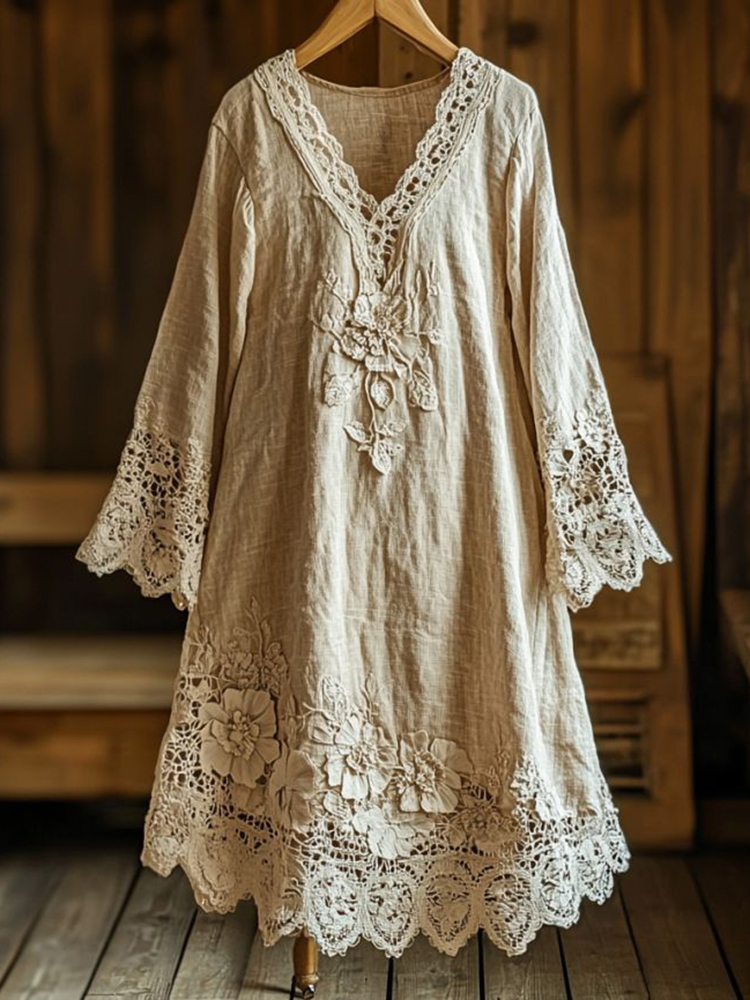 Women's Retro Lace Floral Embroidery Art Mixi Dress