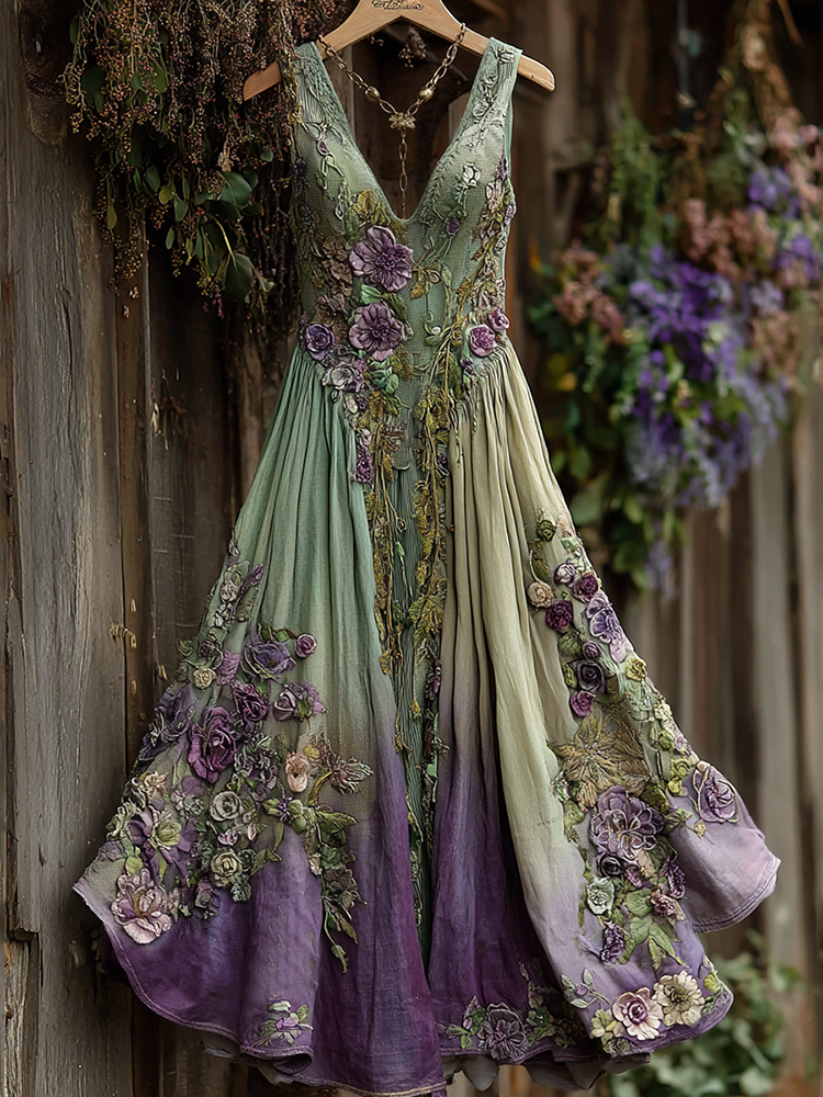 Vintage Classy Gradient Purple Lavender And Floral Embroidered Linen V Neck Maxi Dress