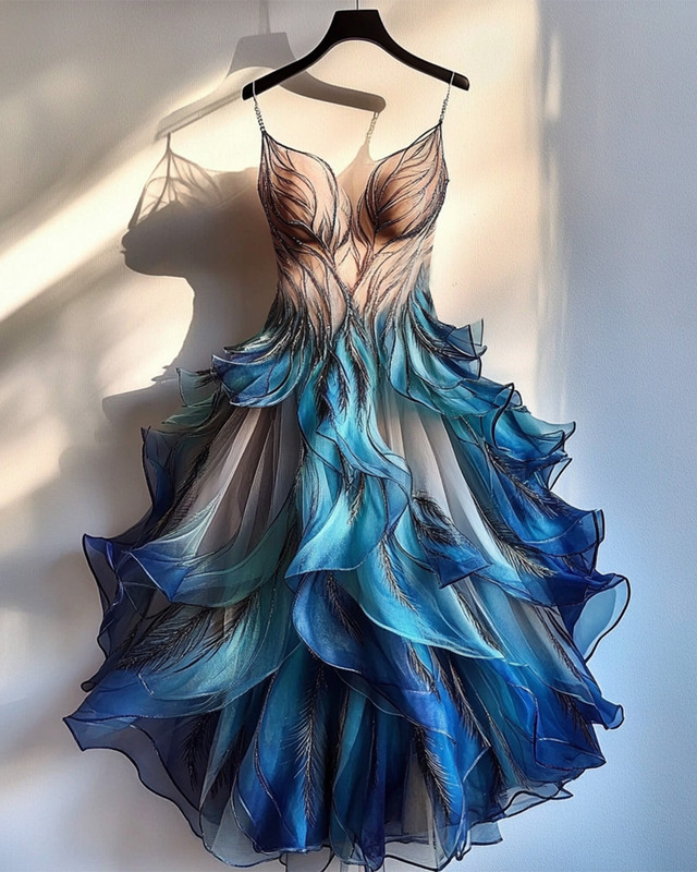 Summer fashion trendy feather theme print irregular multi-layer dress