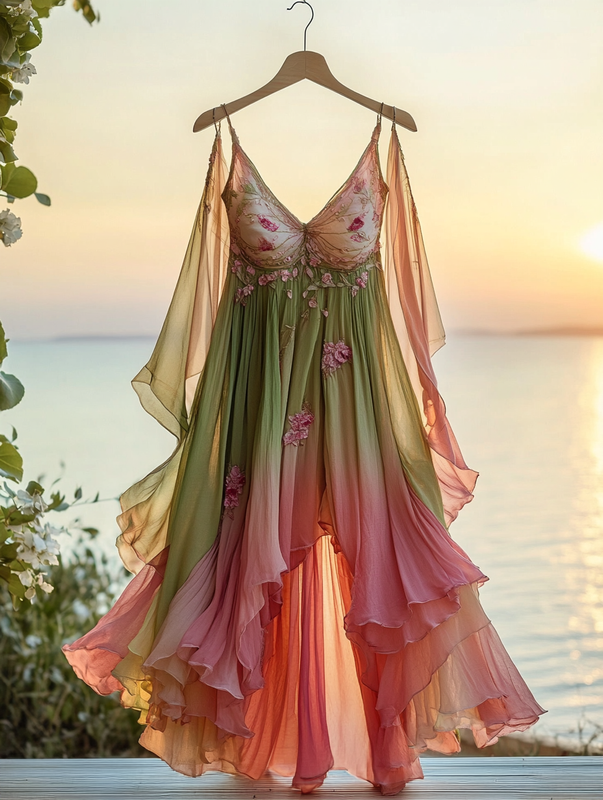 Asymmetrical dress with ruffles for vacation or daily wear