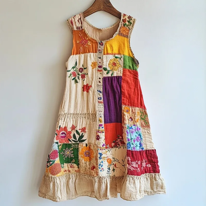 Boho Floral Patchwork Art Linen Blend Dress
