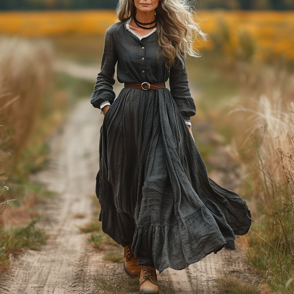 Women's Vintage V-neck Linen Long-sleeve Maxi Long Dress