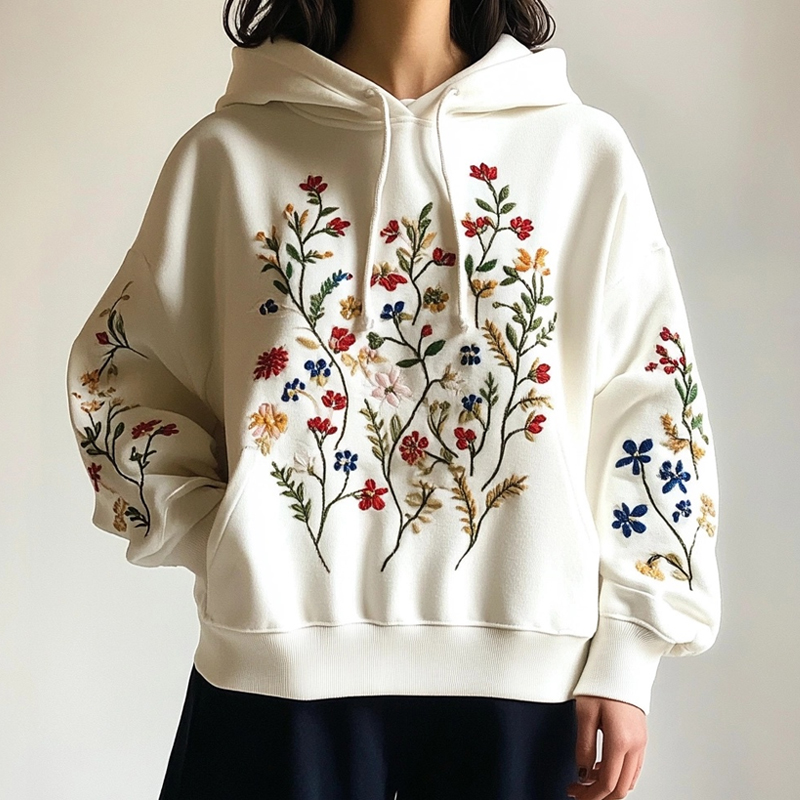 Elegant Florals Plants Embroidered Cozy Hoodie