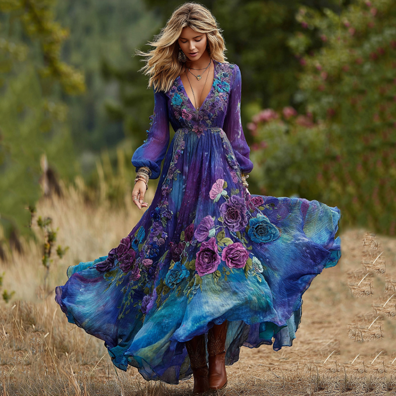 Vintage Classy Gradient Blue And Purple Lavender And Floral Embroidered Linen Maxi Dress