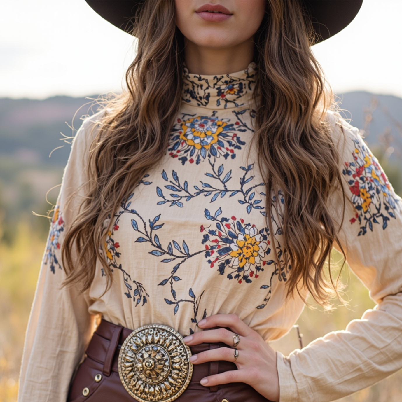 Women's Bohemian Floral Embroidered Top With Leather Belt And Pants