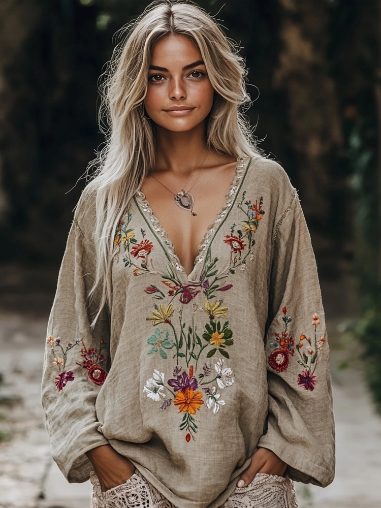 Retro Bohemian Floral Embroidered Linen Blend Loose Shirt