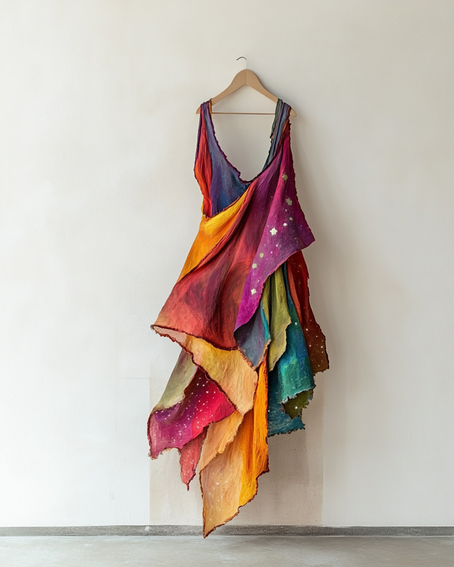 Handmade color block gradient rainbow stars irregular dress