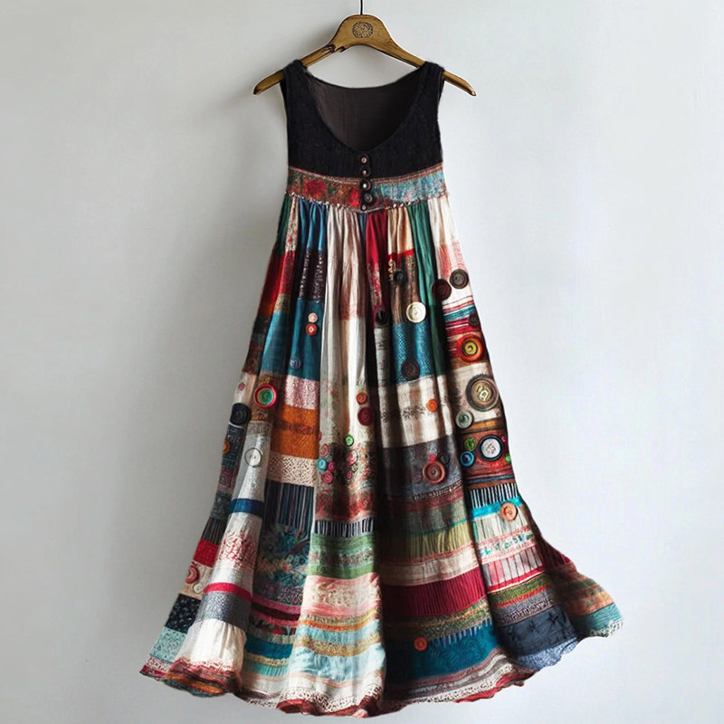 Boho Colorful Textile Flowy Linen Blend Tank Dress