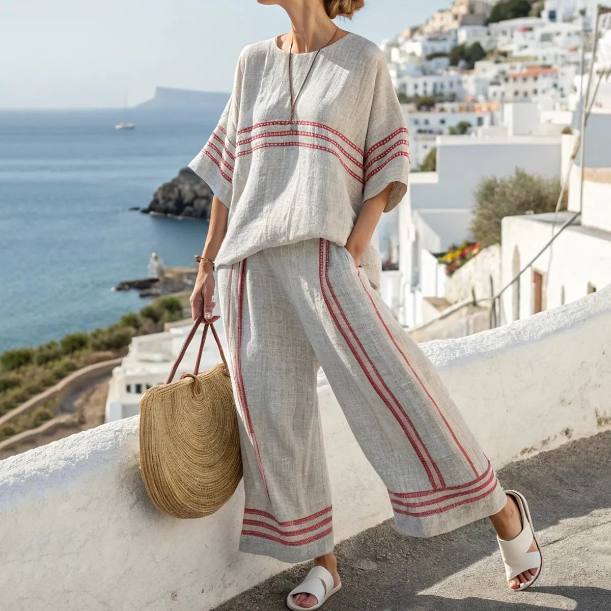 Striped Linen Blend Casual T-shirt Two Piece Set