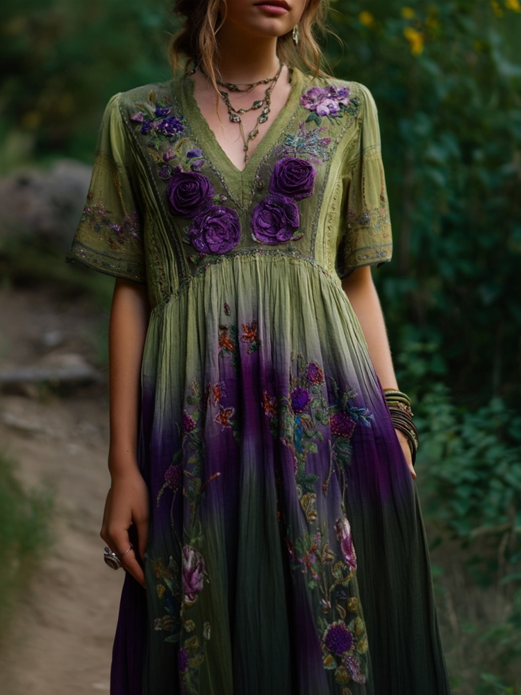 Vintage Purple Roses Embroidered Gradient Linen Maxi Dress