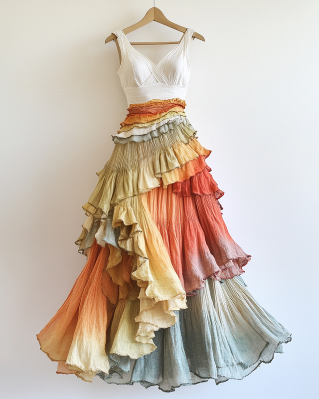 Summer Rainbow Gradient Chiffon Top and Skirt Two-piece Set