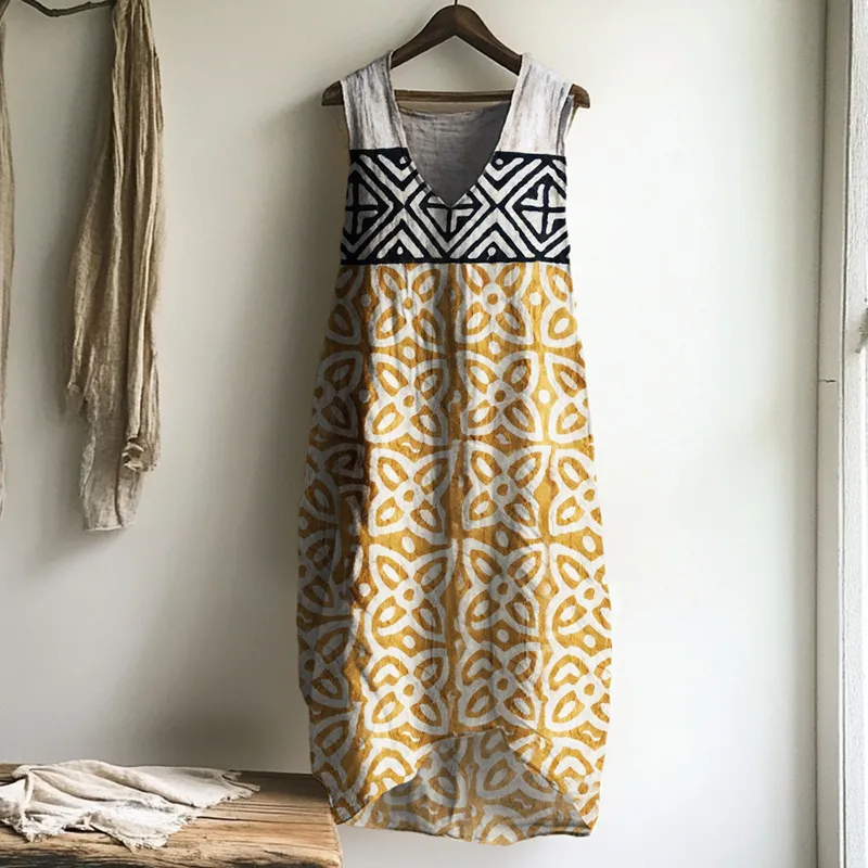 Indigo Floral Ethnic Natural Block Print Linen Tank Dress