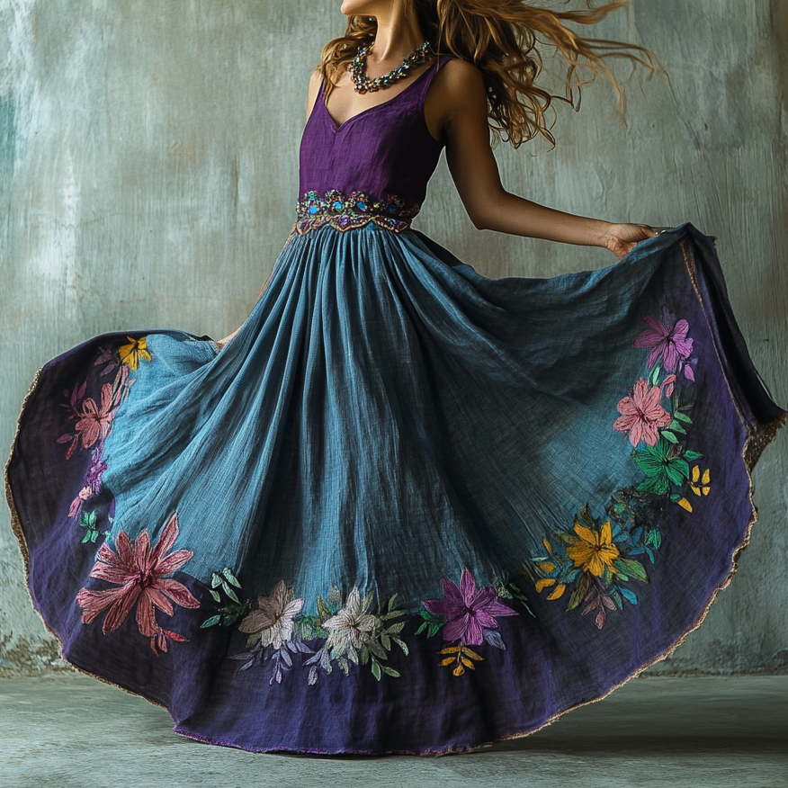 Vintage Floral Embroidered Pattern Art Linen Blend Skirt