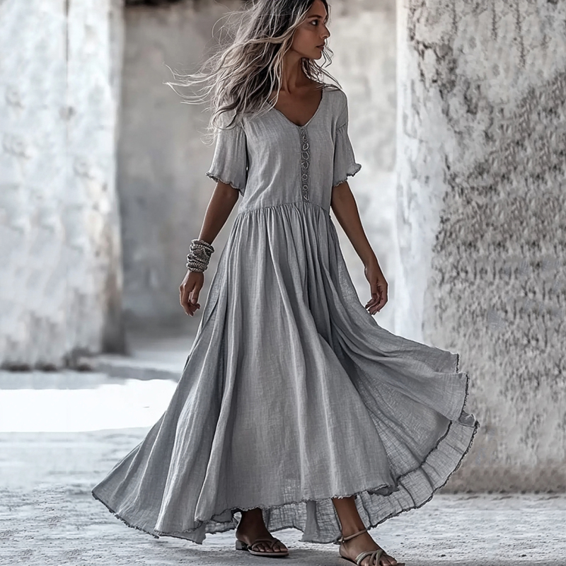 Vintage V Neck Cotton Linen Maxi Dress