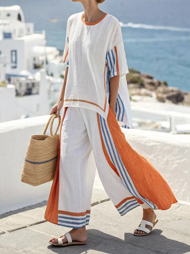 Contrast Color Striped T-shirt Linen Blend Two Piece Set