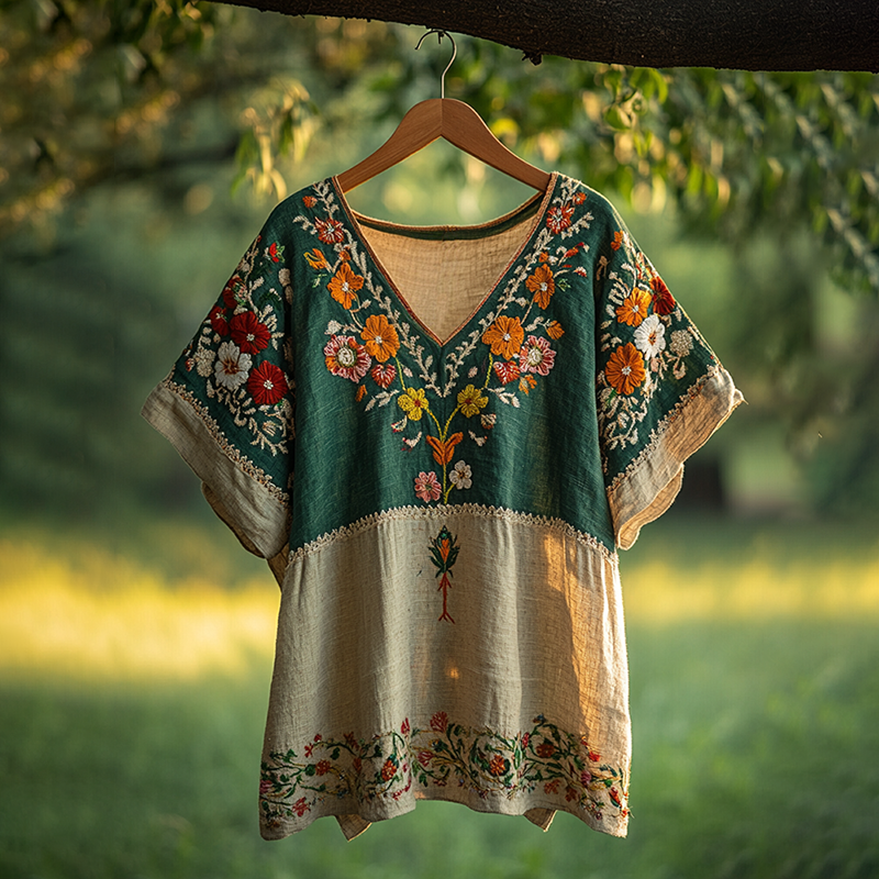Floral Embroidered V-neck Linen Blend T-shirt