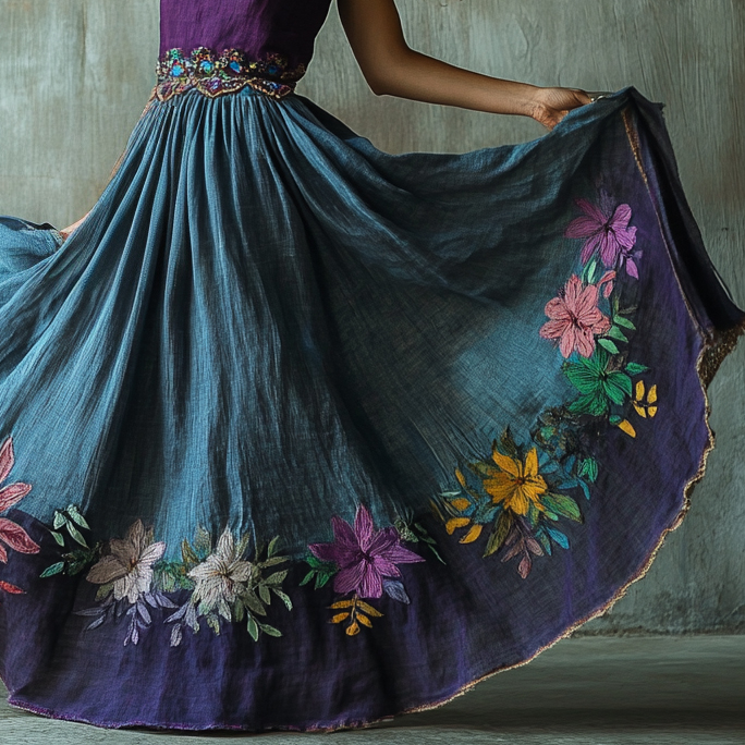 Vintage Floral Embroidered Pattern Art Linen Blend Skirt