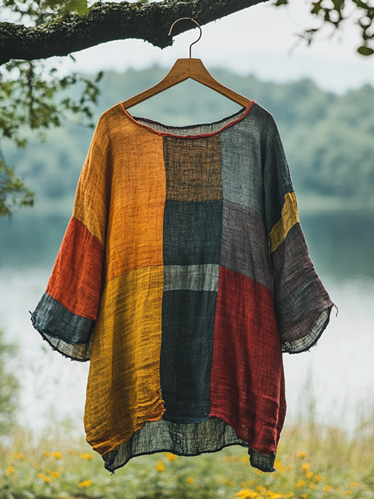 Vintage Color Block Loose Linen Blend T-shirt