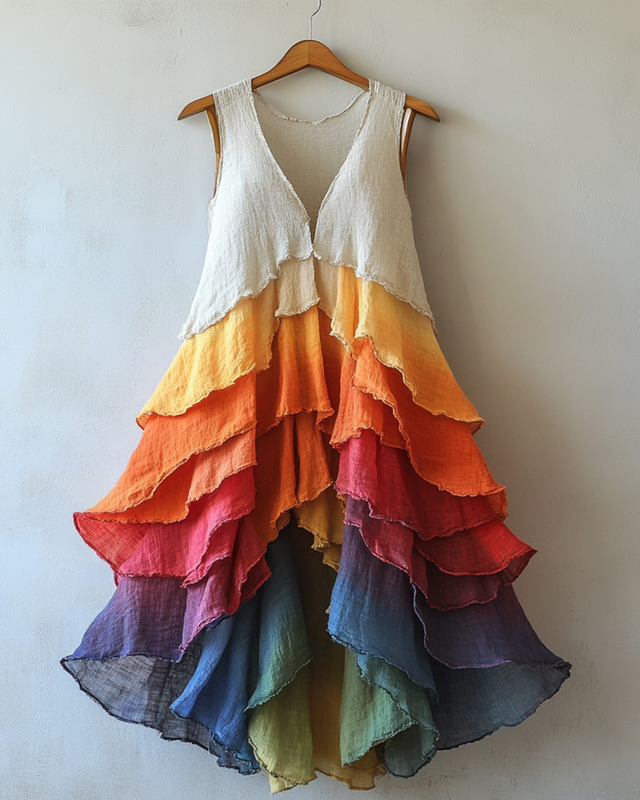 Summer Rainbow Cotton and Linen Lotus Leaf Dress