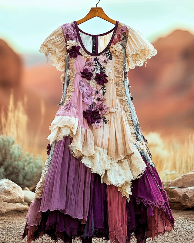Summer Vintage Floral Lace Patchwork Dress
