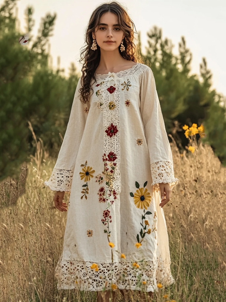 Women's Embroidered Floral Lace Long Sleeve Midi Dress