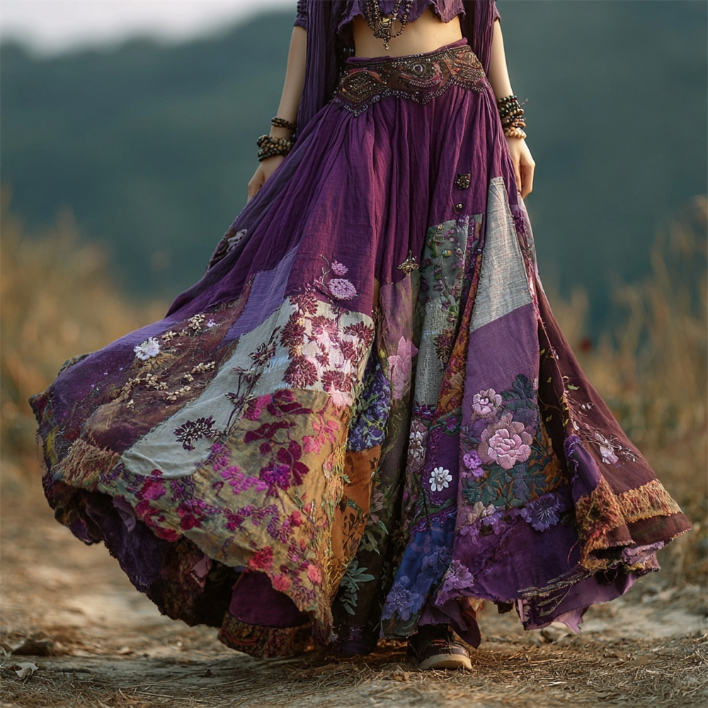 Boho Floral Patchwork Vintage Art Women's Linen Flowy Maxi Dress