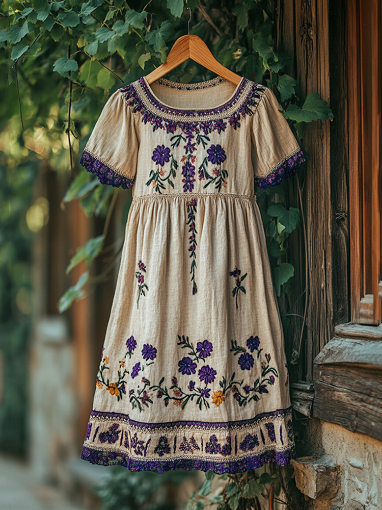 Vintage Floral Embroidered Short Sleeve Midi Dress