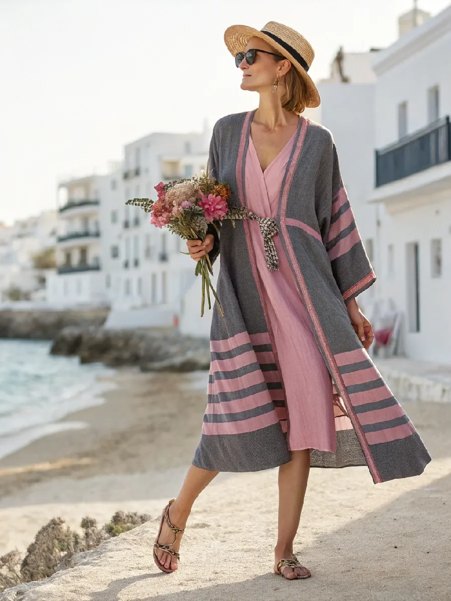 Women's cotton and linen striped robe suit