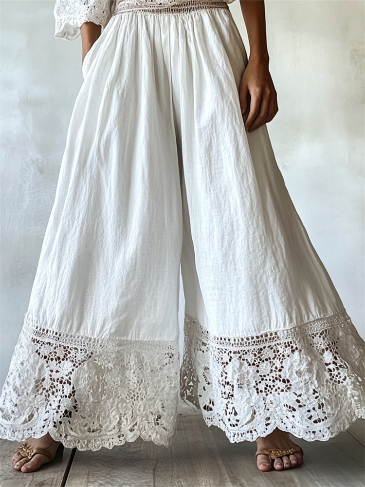 Vintage Boho Floral Lace Hem Flowy Linen Pants