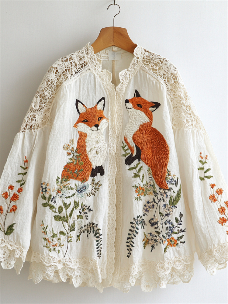 Fox Floral Embroidered Hollow Lace Patchwork Blouse