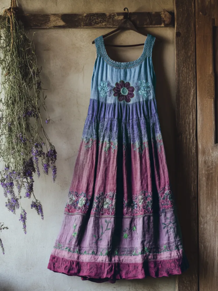 Vintage Bohemian Lavender Embroidery Patchwork Art Sleeveless  Cozy Linen Maxi Dress