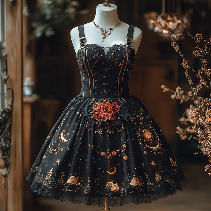Gothic style star and moon embroidered metal suspender dress