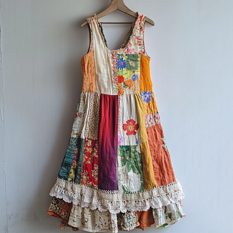 Floral Pattern Lace Patchwork Linen Blend Dress