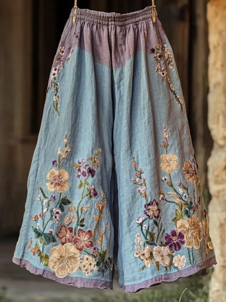 Vintage Floral Embroidered Art Casual Linen Pants